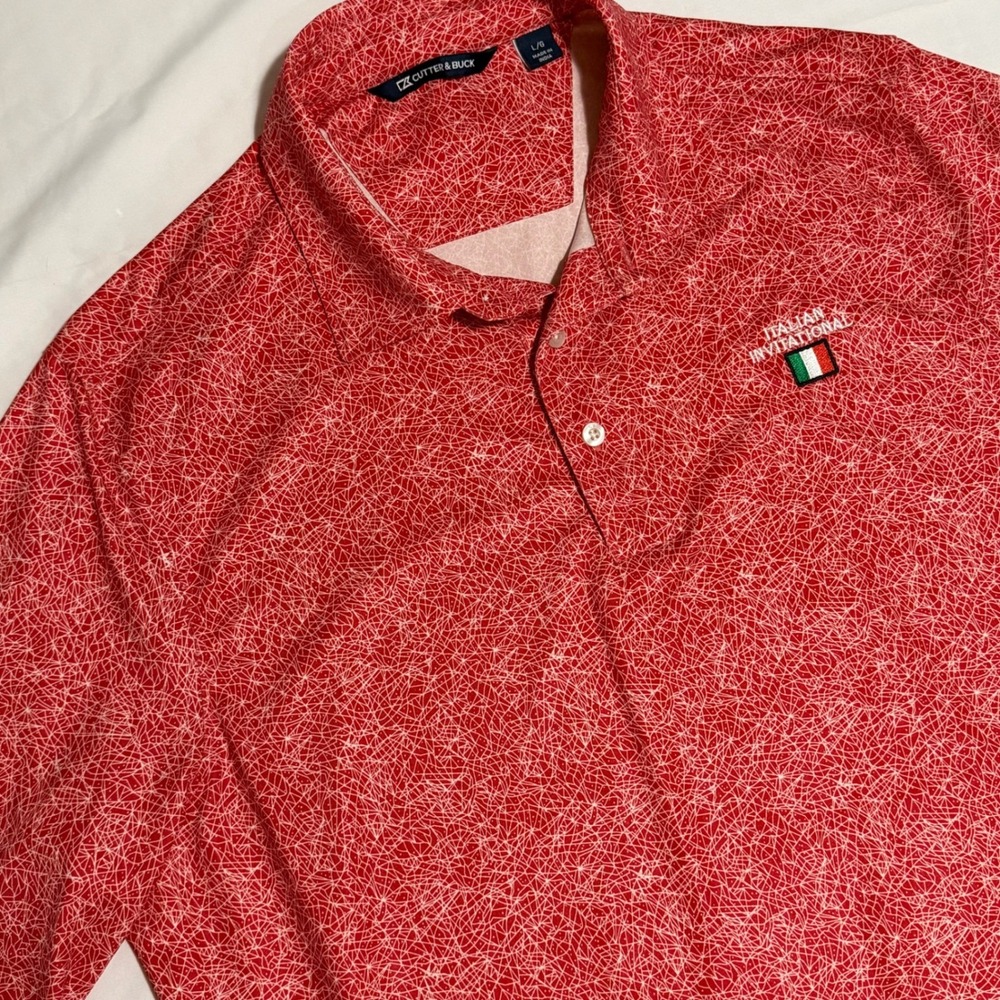 Cutter & Buck Mens Large Red Geometric Italian‎ Invitational Golf Polo Shirt